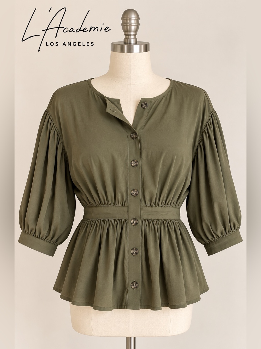 L'Academie Peplum Blouse Olive Green Button-Front XXS NWOT